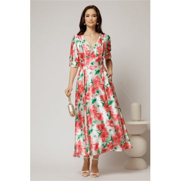 Rochie de ocazie cu imprimeu rosu si verde lunga de ocazie