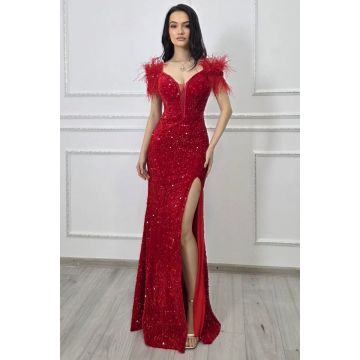 Rochie de ocazie Lady Marry, croi tip sirena, cu paiete si pene, Rosu