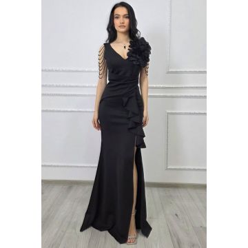 Rochie de seara ISALYN, cu siraguri de cristale in cascada si floare 3D, Negru