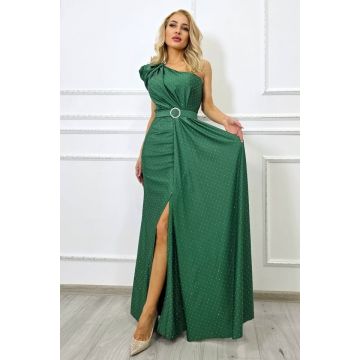 Rochie de seara VelaNORA, texturata integral cu micro-cristale si falduri, Verde, Marime S/M