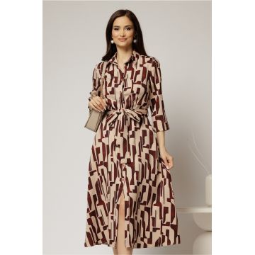 Rochie de zi midi bej cu imprimeuri bordo tip camasa cu cordon in talie