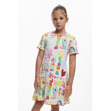 Rochie din amestec de bumbac cu imprimeu grafic si logo - Rosu/Galben/Alb murdar