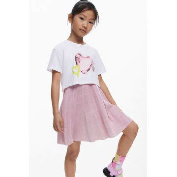 Rochie din bumbac cu model 2-in-1 si tricou detasabil - Alb/Albastru prafuit