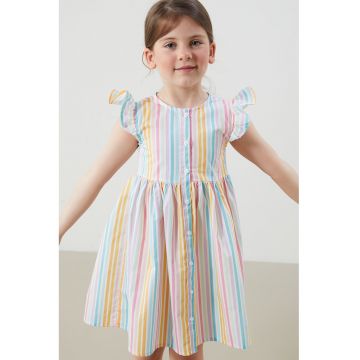 Rochie din bumbac cu model in dungi si maneci cu volane - Roz/Albastru