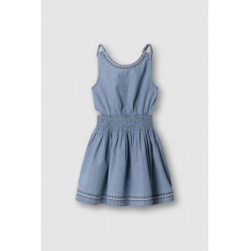 Rochie din denim cu decolteu in V si talie elastica - Albastru lavanda