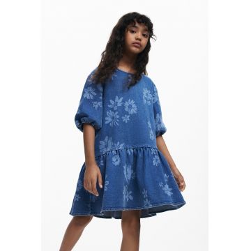 Rochie din denim cu imprimeu floral - Albastru prafuit
