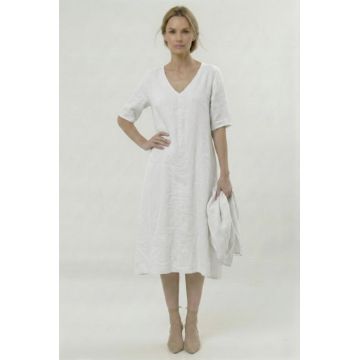 Rochie din in midi, croi lejer, decolteu in V, stil relaxat elegant, alba