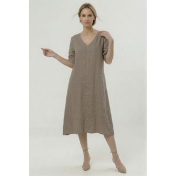 Rochie din in midi, croi lejer, decolteu in V, stil relaxat elegant, bej inchis