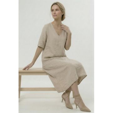 Rochie din in midi, croi lejer, decolteu in V, stil relaxat elegant, bej