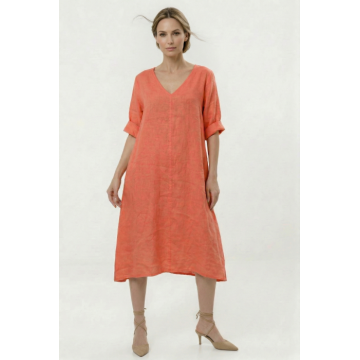 Rochie din in midi, croi lejer, decolteu in V, stil relaxat elegant, corai