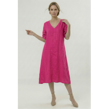 Rochie din in midi, croi lejer, decolteu in V, stil relaxat elegant, fucsia