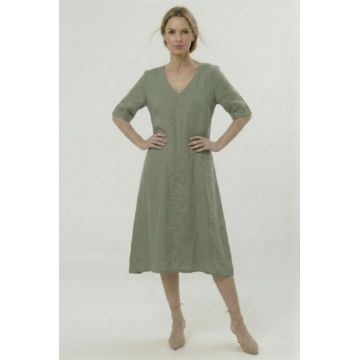 Rochie din in midi, croi lejer, decolteu in V, stil relaxat elegant, kaki