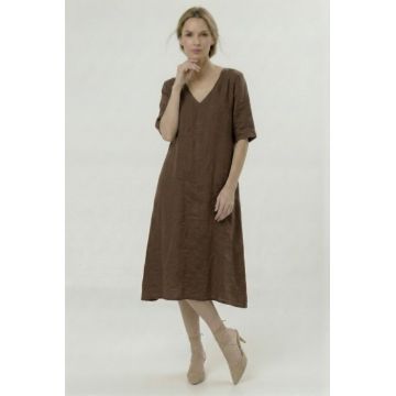 Rochie din in midi, croi lejer, decolteu in V, stil relaxat elegant, maro