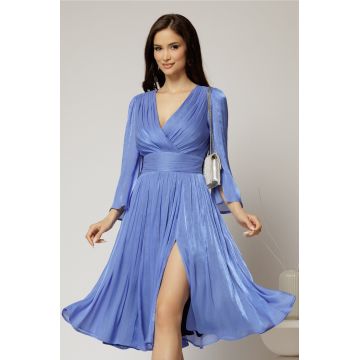 Rochie DY Fashion albastra de ocazie din voal peliculizat cu maneci crapate