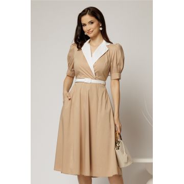 Rochie DY Fashion din poplin bej cu guler in contrast si curea in talie