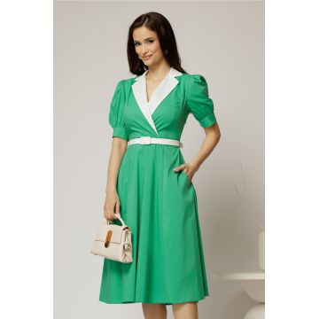 Rochie DY Fashion din poplin verde cu guler in contrast si curea in talie