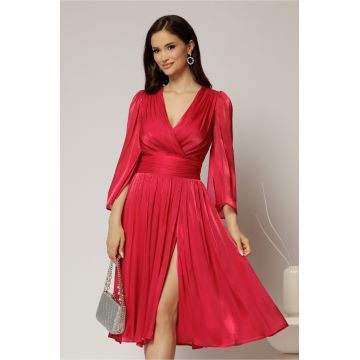 Rochie DY Fashion fucsia de ocazie din voal peliculizat cu maneci crapate