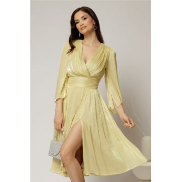 Rochie DY Fashion galbena de ocazie din voal peliculizat cu maneci crapate