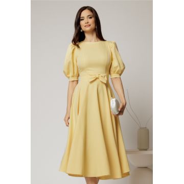 Rochie DY Fashion galbena din stofa in clos cu funda in talie