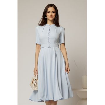 Rochie DY Fashion midi bleu in clos din triplu voal cu nasturi la bust si curea in talie