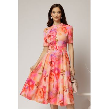 Rochie DY Fashion midi cu print cu bujori corai in clos din triplu voal cu nasturi la bust si curea in talie