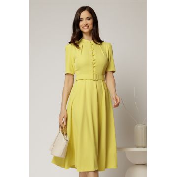 Rochie DY Fashion midi galben lime in clos din triplu voal cu nasturi la bust si curea in talie