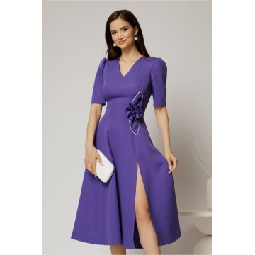Rochie DY Fashion mov midi cu detaliu floral pe talie si decolteu in V