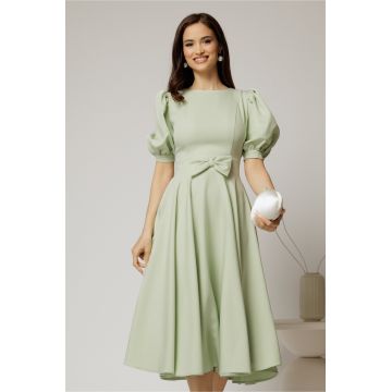 Rochie DY Fashion verde fistic din stofa in clos cu funda in talie