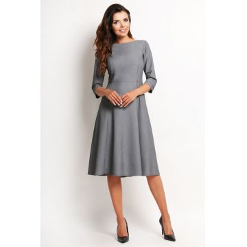 Rochie eleganta de cocktail midi in clos cu decolteu barca si maneci 3/4 - - Gri