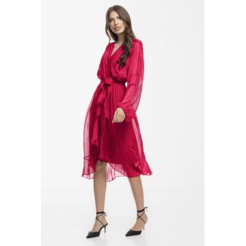 Rochie eleganta din matase si vascoza, petrecuta, cu maneci vaporoase si croiala asimetrica, fucsia inchis