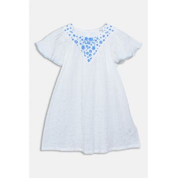 Rochie evazata cu aspect sifonat - Alb optic/Albastru