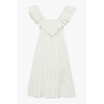 Rochie evazata cu decolteu in V si volane - Alb murdar