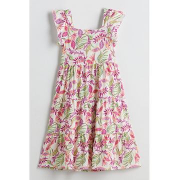 Rochie evazata cu decolteu patrat - Verde/Fucsia