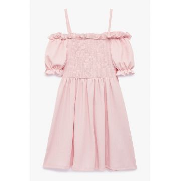 Rochie evazata cu decolteu pe umeri - Roz deschis