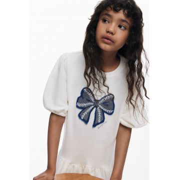 Rochie evazata din bumbac cu maneci bufante - Alb/Albastru prafuit