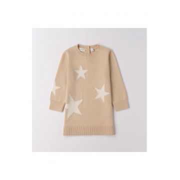 Rochie fete  tricot cu broderie model stele - Bej