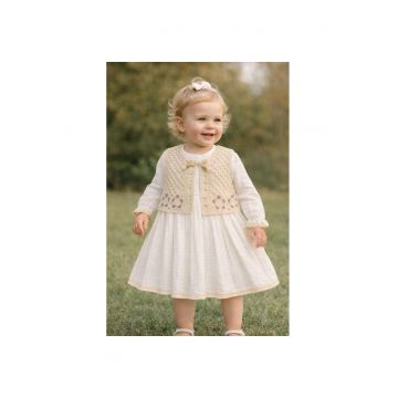 Rochie fetita alba din muselina eleganta cu vesta tricotata stil boho