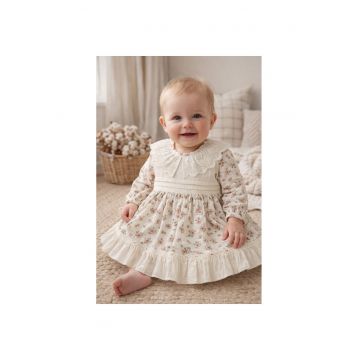 Rochie fetita crem cu flori roz guler dantela eleganta botez evenimente