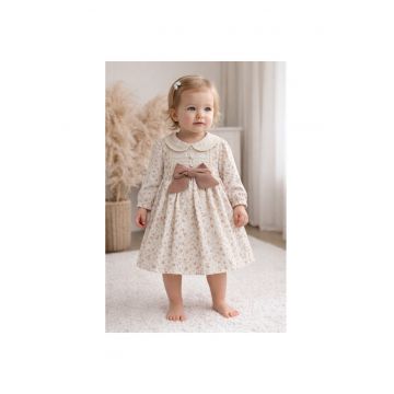 Rochie fetita crem floral cu funda maro eleganta vintage botez aniversari