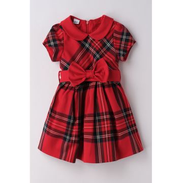 Rochie in carouri cu croiala in A si funda - Rosu