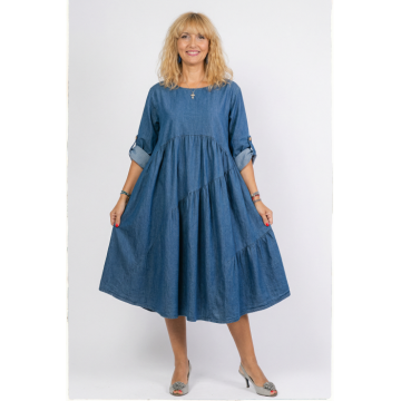 Rochie jeans deschis oversize, cu trei volane asimetrice, din bumbac
