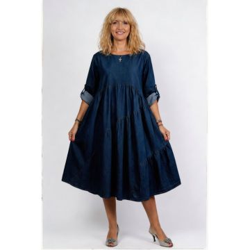 Rochie jeans inchis oversize, cu trei volane asimetrice, din bumbac
