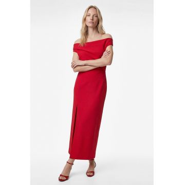 Rochie lunga cu croiala cambrata si model uni - Rosu vermillion