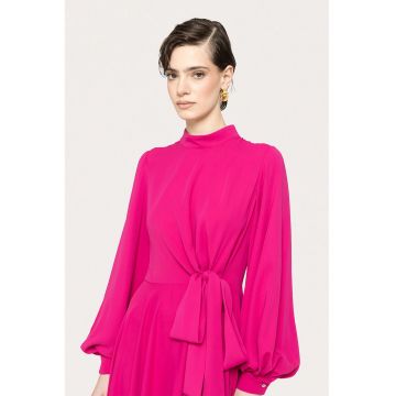 Rochie lunga cu maneci bishop si detaliu cu funda - Fucsia