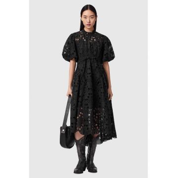 Rochie lunga cu model Sangallo si maneci bufante Odette - Negru
