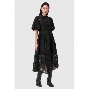 Rochie lunga cu model Sangallo si maneci bufante Odette - Negru