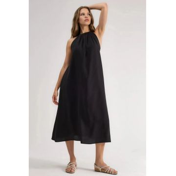 Rochie lunga dama -  detalii drapate - negru - poliester/modal