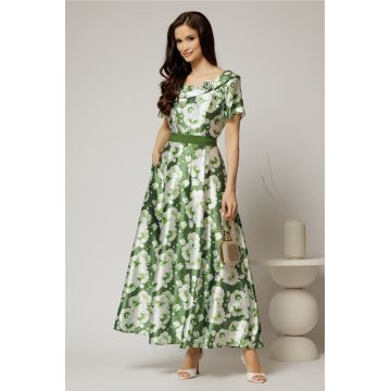 Rochie lunga de ocazie ivoar cu imprimeuri verde crud