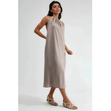 Rochie lunga  detalii drapate - poliester/modal - Maro nuc