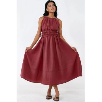 Rochie lunga  detalii elastice - rosu - modal-poliester